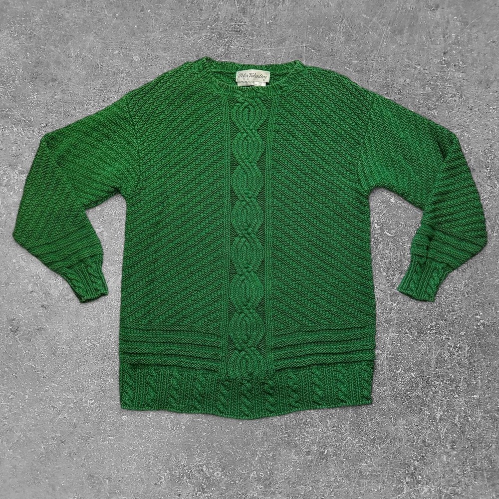 Peter Valentine Green Ramie Cotton Cable Knit Sweater Womens Medium Hand Knitted